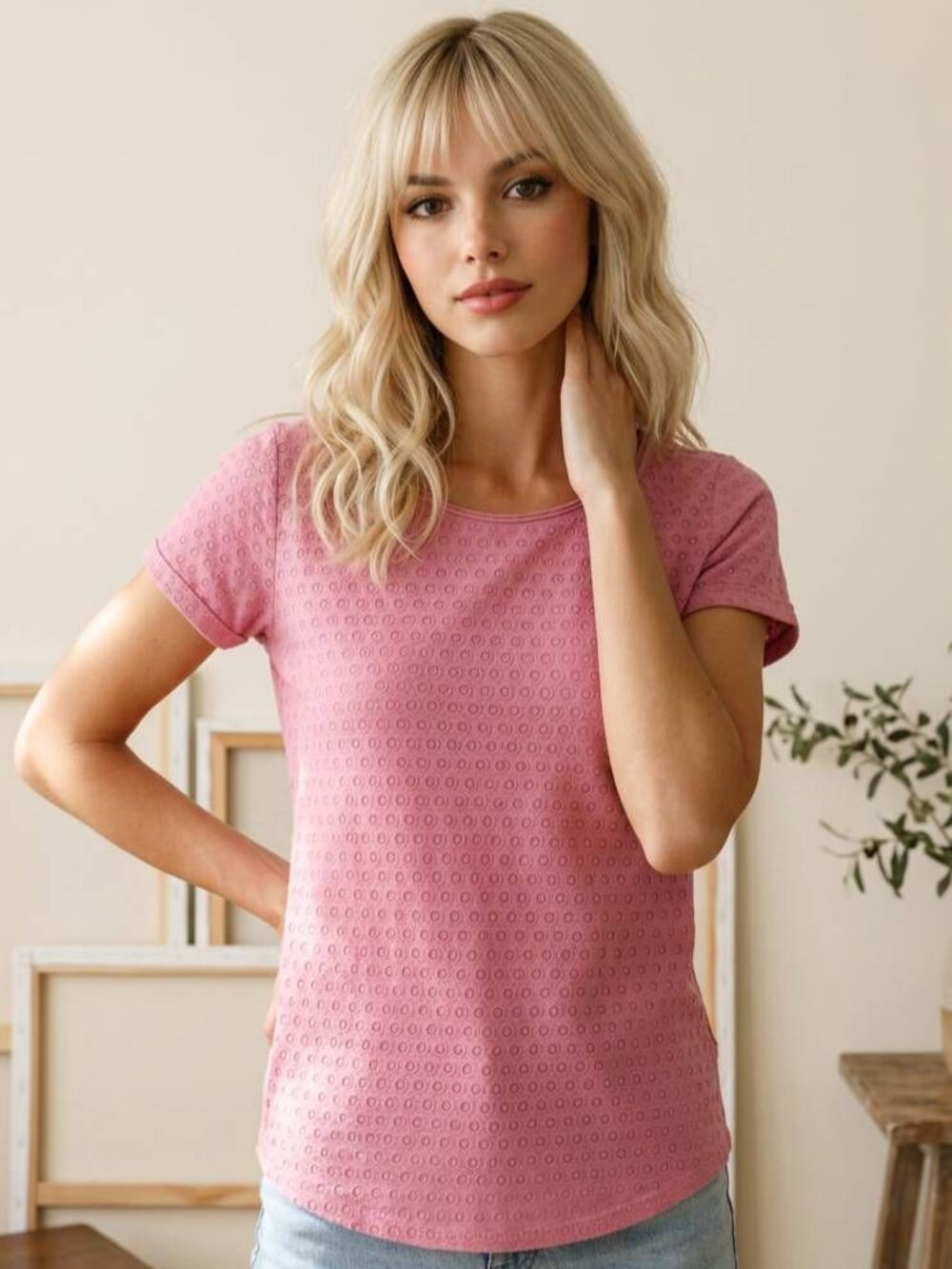🐞Loft Pink Semi Sheer Scoop Neck Cuffed Short Sleeve Top XSmall